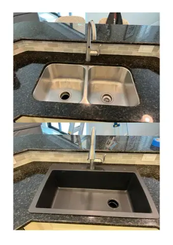 Before and after kitchen sink replacement: stainless double-bowl sink swapped for a black single-bowl sink