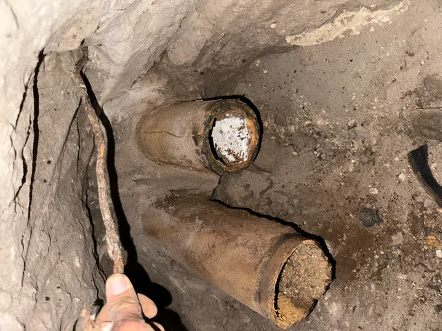 Hand holding a tree root pulled from a cracked underground sewer pipe in an excavated hole